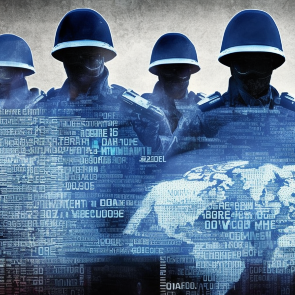 a group of soldiers standing in front of a world map