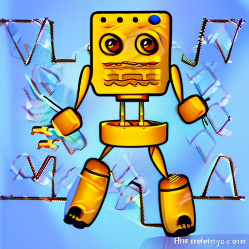 a drawing of a yellow robot standing in front of a blue background