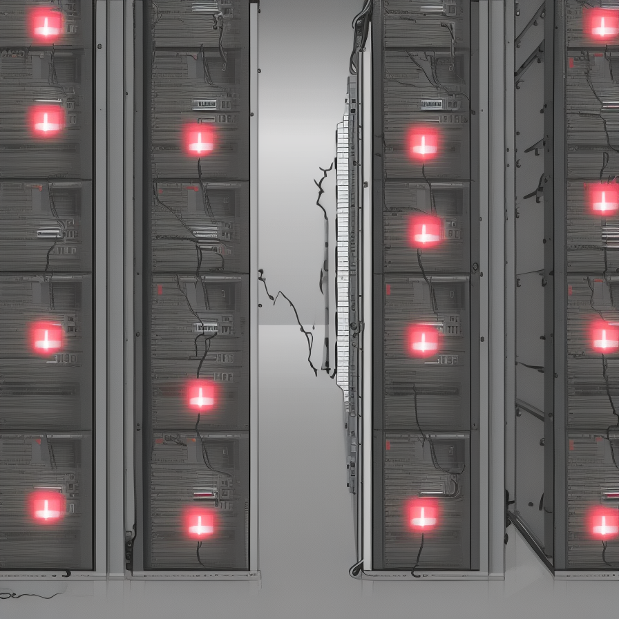 a row of servers with red lights on them