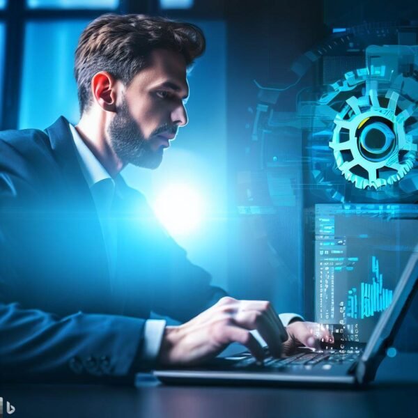 a man in a suit working on a laptop