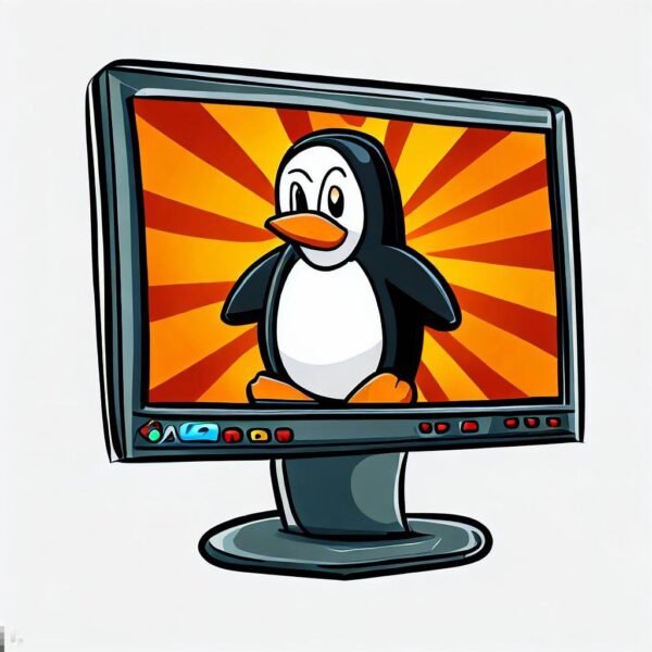 a cartoon penguin standing in front of a computer monitor