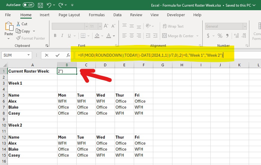 Excel Formula for Current Roster Week