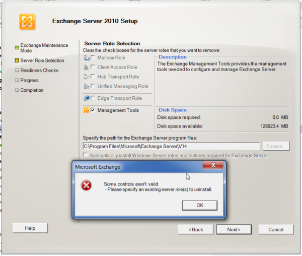 a screenshot of the exchange server setup