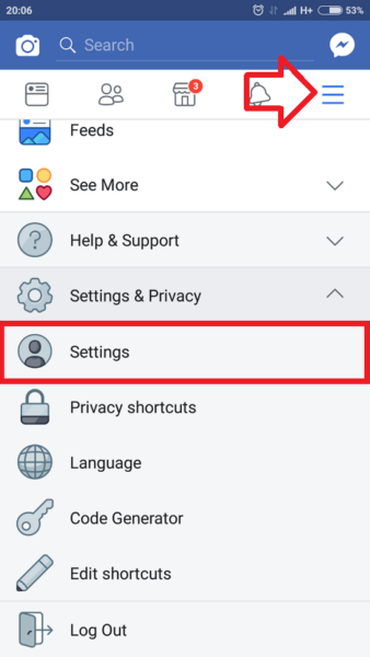 the settings menu in facebook's settings section