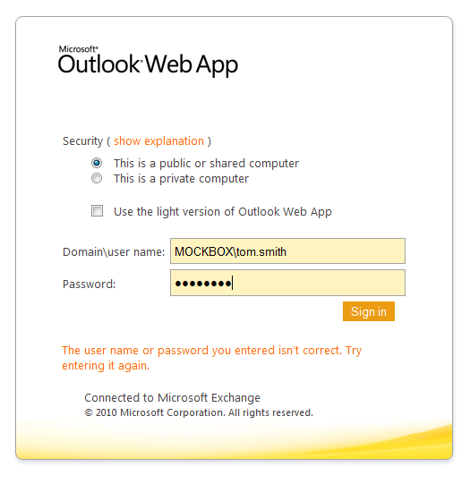 the outlook web app login screen