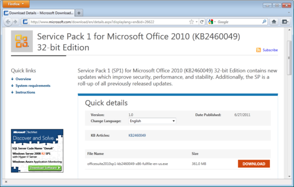 a screenshot of the service pack for microsoft office 2010