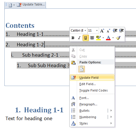 how to update word table of contents 2010