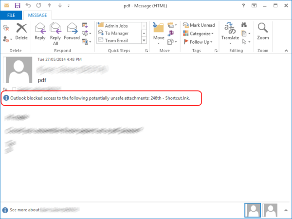 a screenshot of a message in outlook