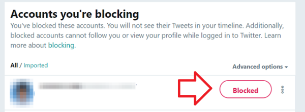 a twitter account with a blocked account highlighted