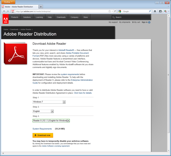 the adobe reader distribution screen