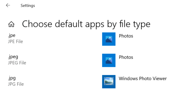 choose default apps by file type in windows 10