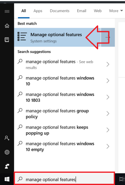 the manage options menu in windows 10