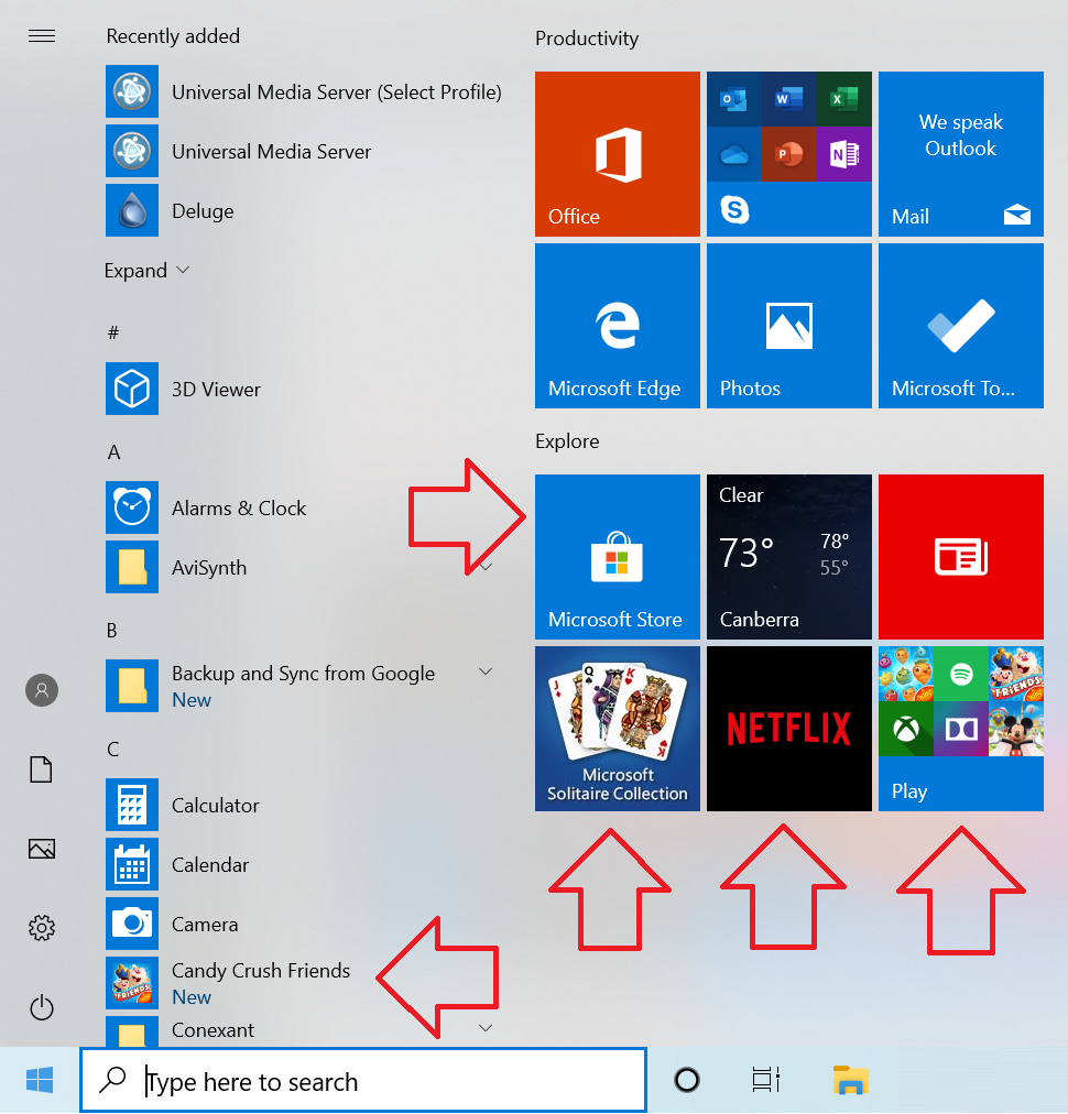 the start screen of a windows 10 start screen