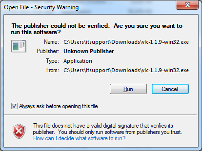 the open file security warning window