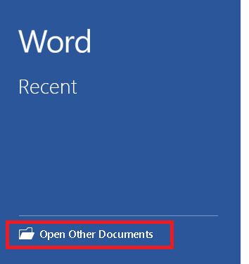 a blue screen with the word recent open other documents highlighted