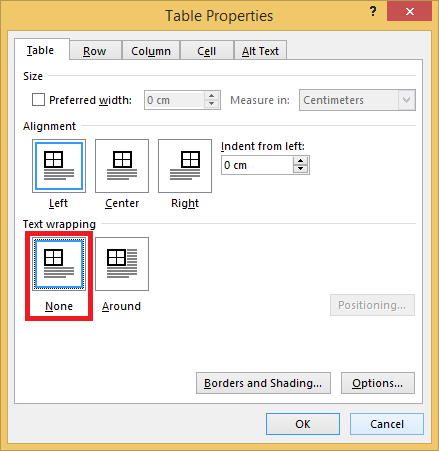 a screen shot of a table properties dial