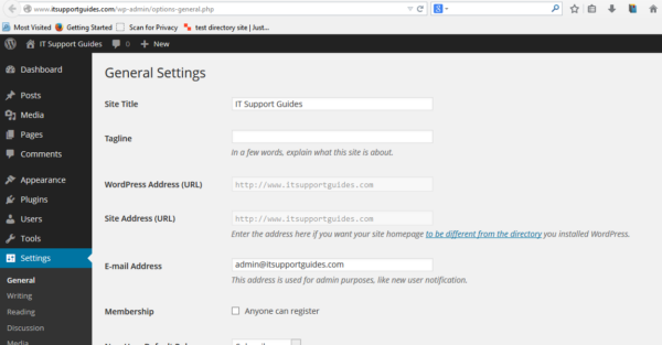 a screen shot of the general settings page