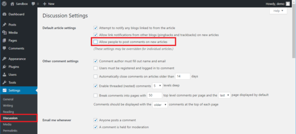 the settings section of a wordpress website