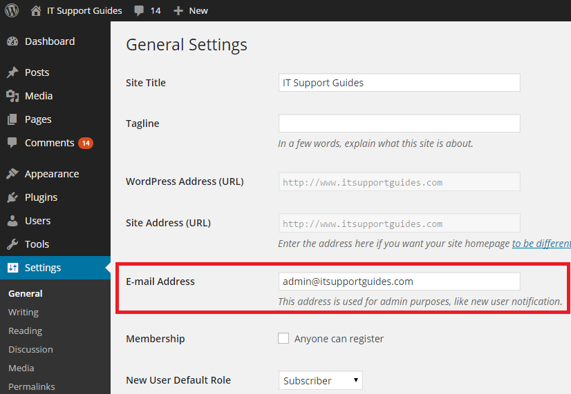 the settings section of a wordpress website