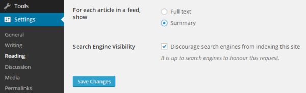 the settings section of a wordpress website