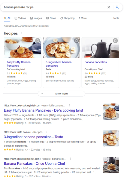 a google search for some food items