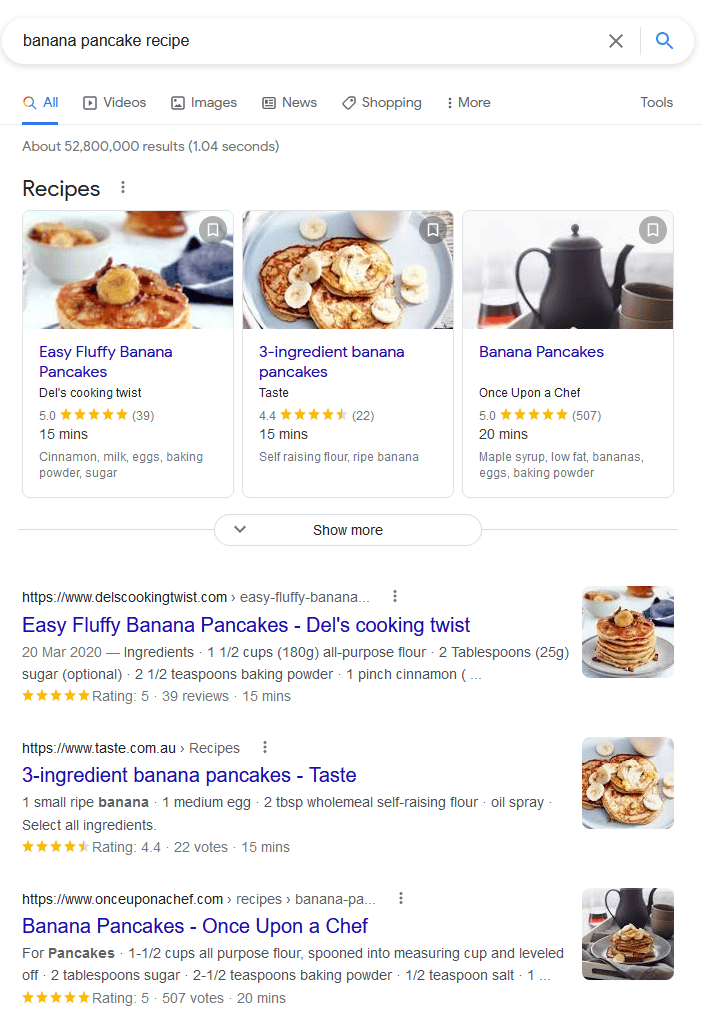 Google search results for “banana pancakes”