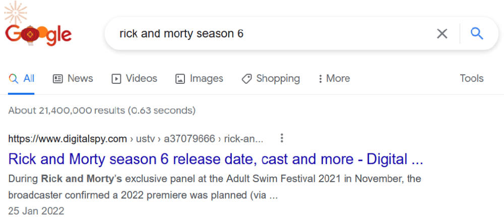 Google search results for "rick and morty season 6"